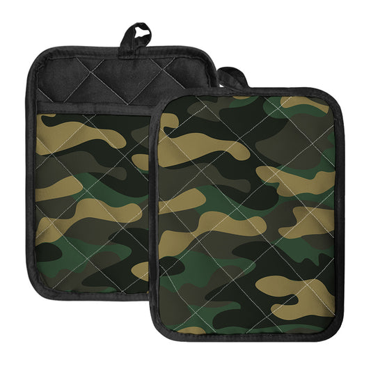 Black And Green Camouflage Print Pot Holders With Pocket