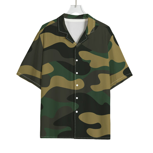 Black And Green Camouflage Print Rayon Hawaiian Shirt
