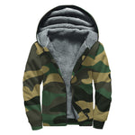 Black And Green Camouflage Print Sherpa Lined Zip Up Hoodie