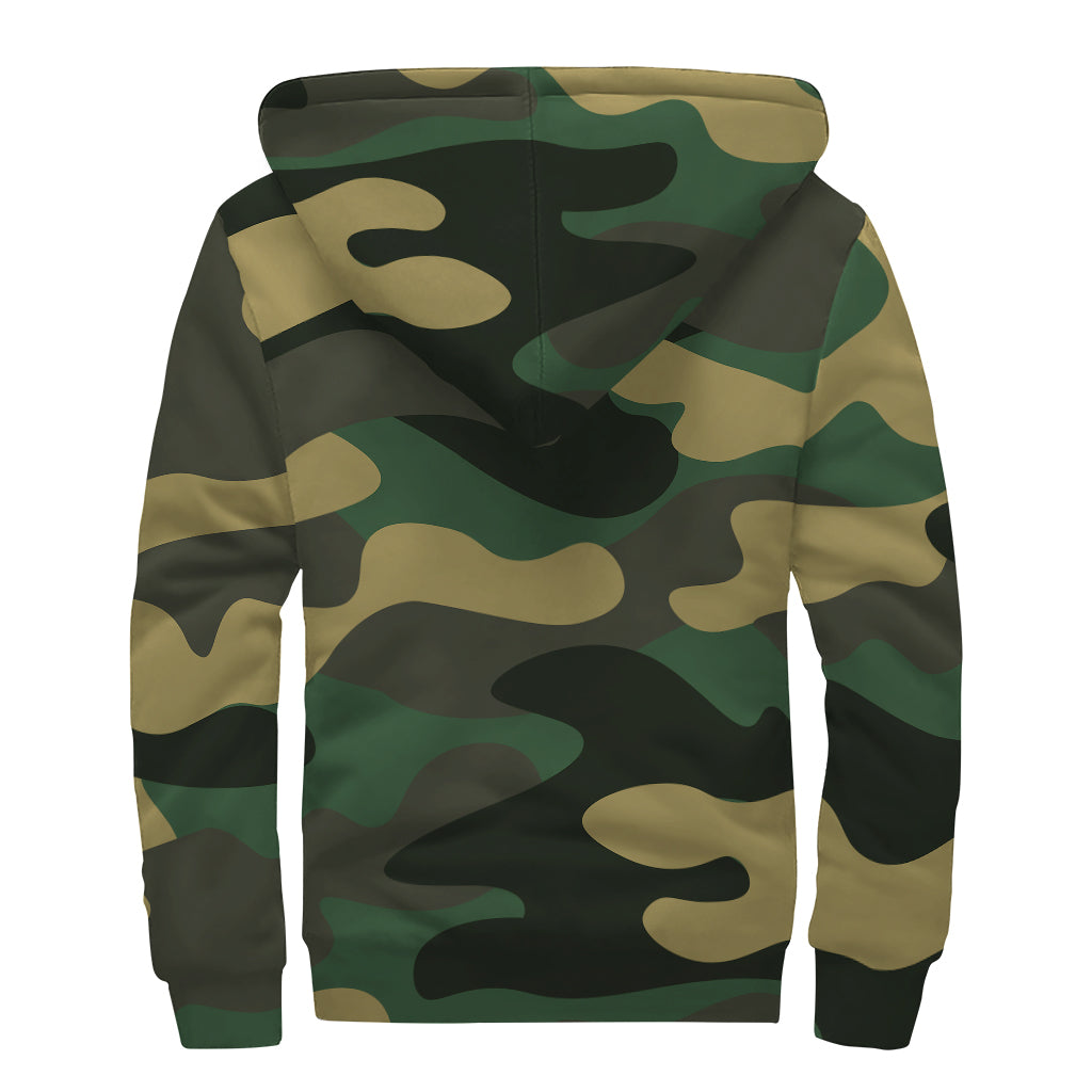 Black And Green Camouflage Print Sherpa Lined Zip Up Hoodie