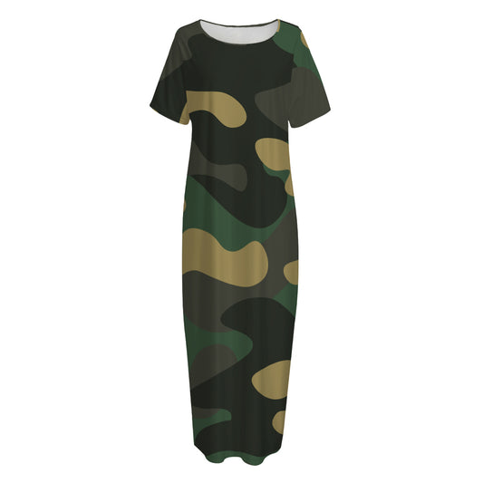 Black And Green Camouflage Print Short Sleeve Long Nightdress