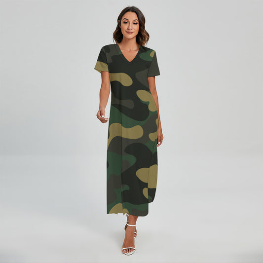 Black And Green Camouflage Print Short Sleeve Maxi Dress