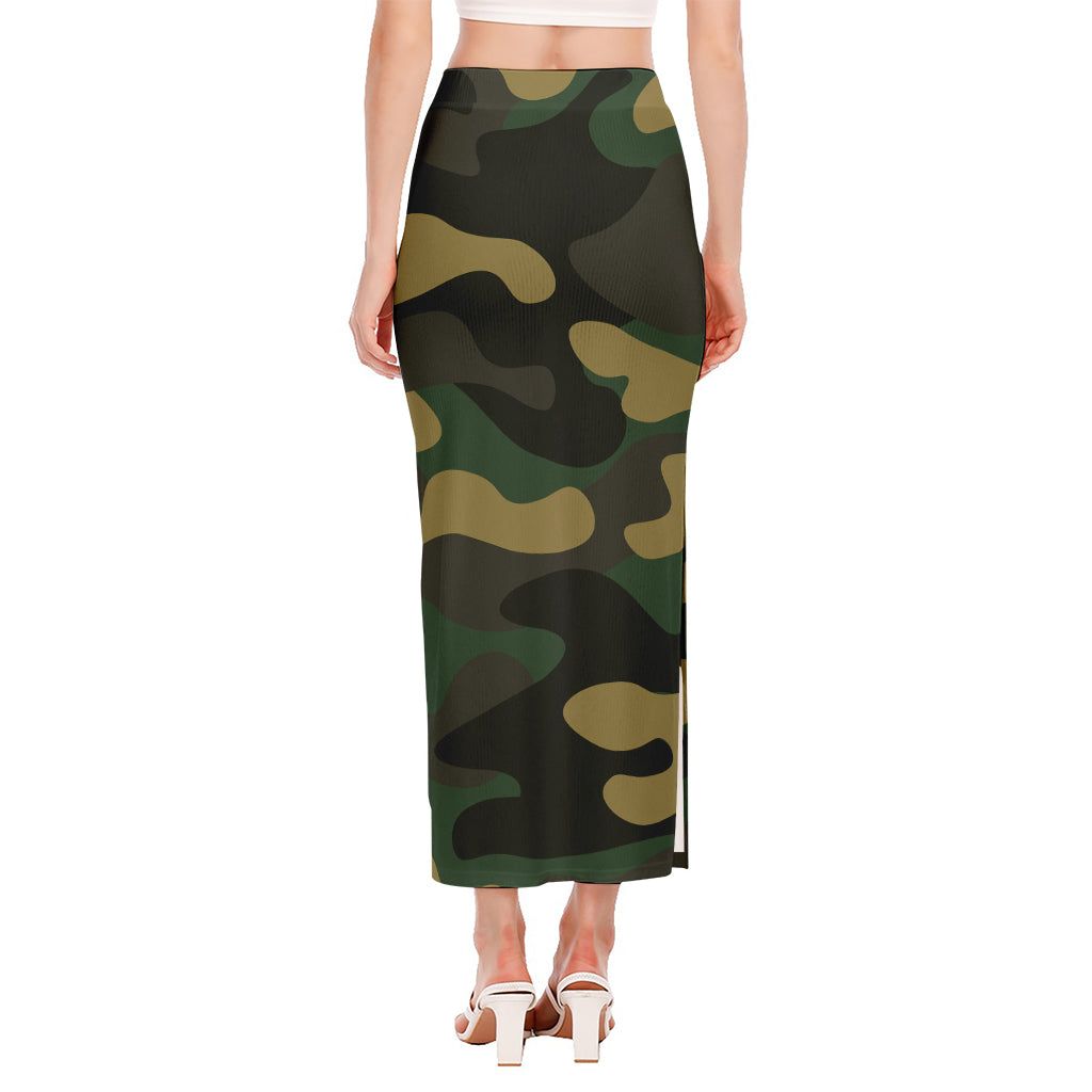 Black And Green Camouflage Print Side Slit Maxi Skirt