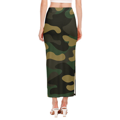 Black And Green Camouflage Print Side Slit Maxi Skirt