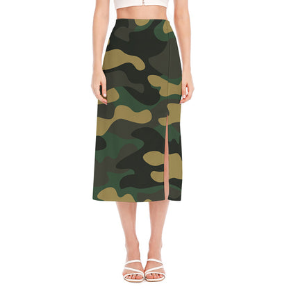 Black And Green Camouflage Print Side Slit Midi Skirt