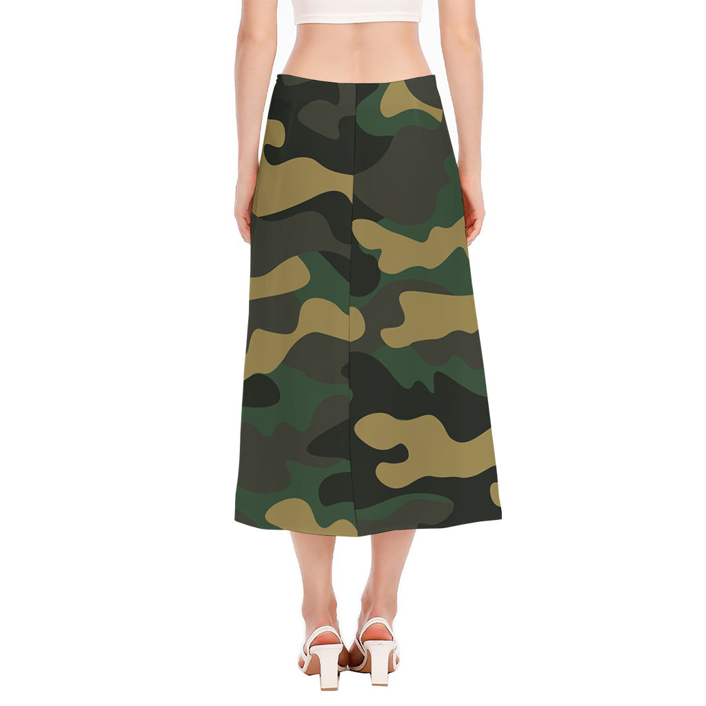 Black And Green Camouflage Print Side Slit Midi Skirt