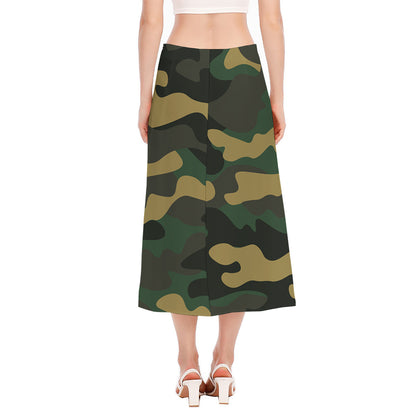 Black And Green Camouflage Print Side Slit Midi Skirt