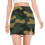 Black And Green Camouflage Print Side Slit Mini Skirt