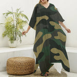 Black And Green Camouflage Print Silk V-Neck Kaftan Dress