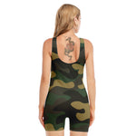 Black And Green Camouflage Print Sleeveless One Piece Swimsuit