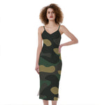 Black And Green Camouflage Print Slim Fit Midi Cami Dress