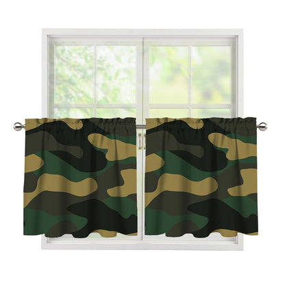 Black And Green Camouflage Print Tier Curtains