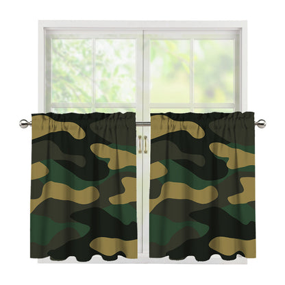 Black And Green Camouflage Print Tier Curtains
