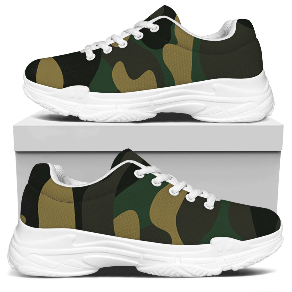 Black And Green Camouflage Print White Chunky Shoes