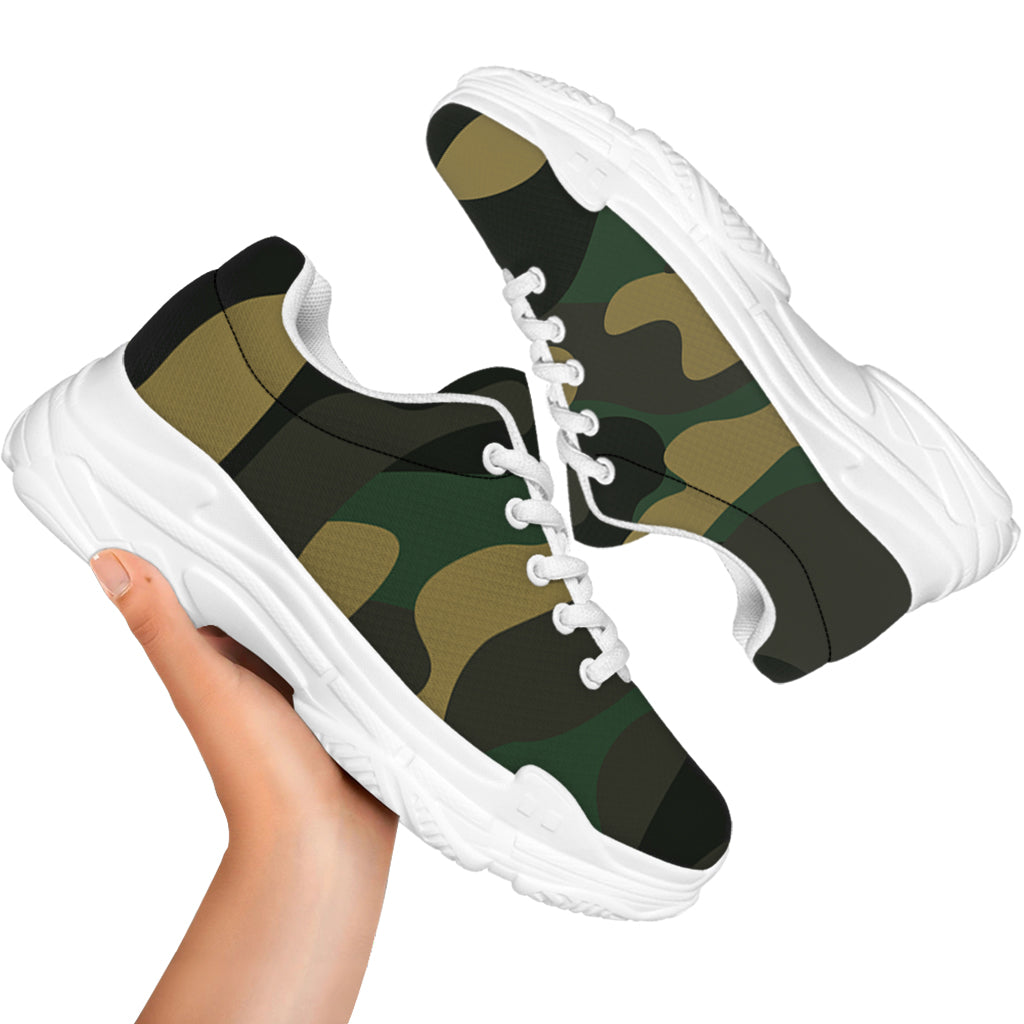 Black And Green Camouflage Print White Chunky Shoes