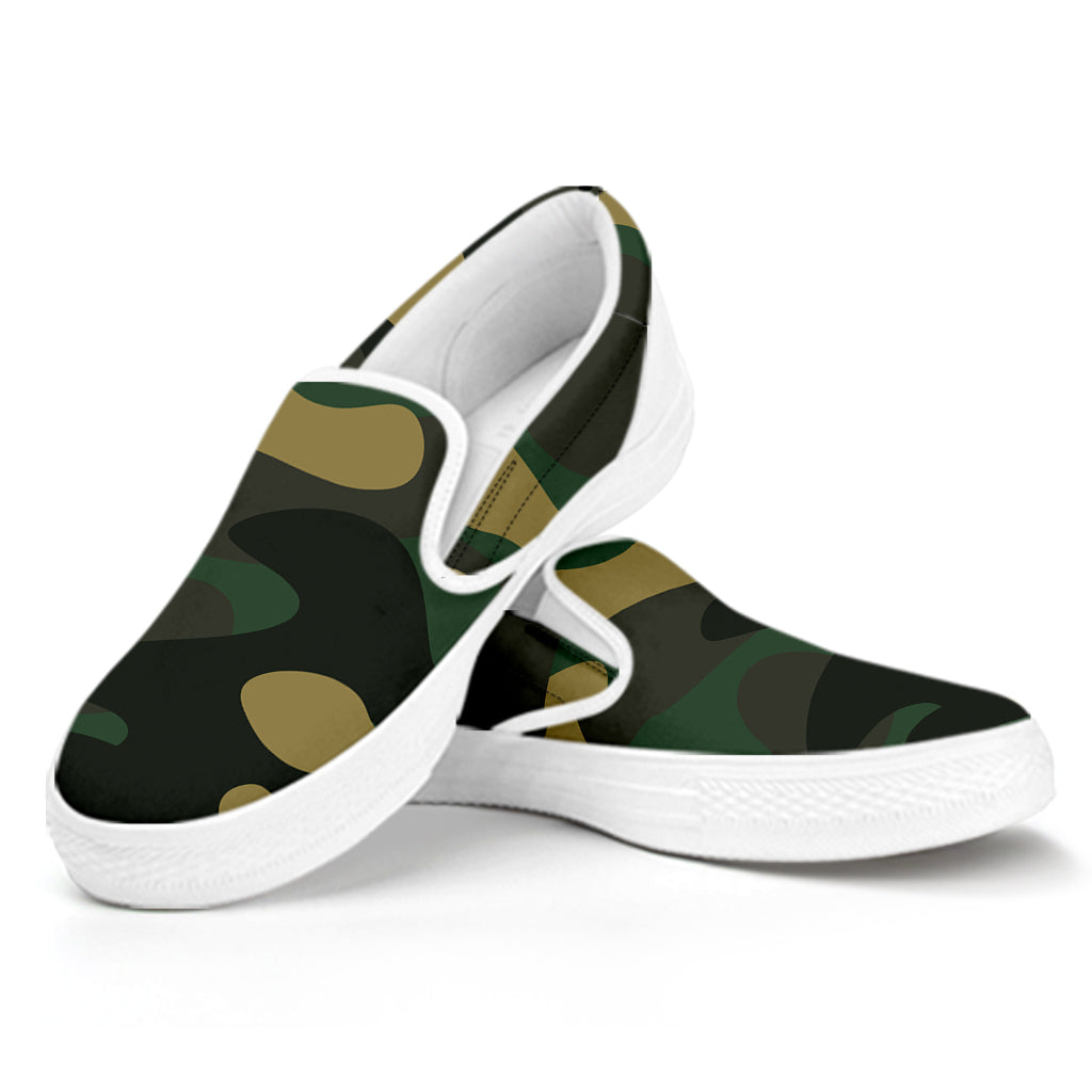 Black And Green Camouflage Print White Slip On Sneakers