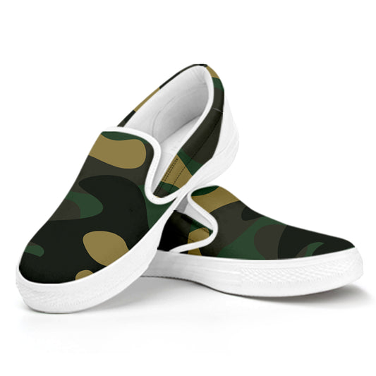 Black And Green Camouflage Print White Slip On Sneakers