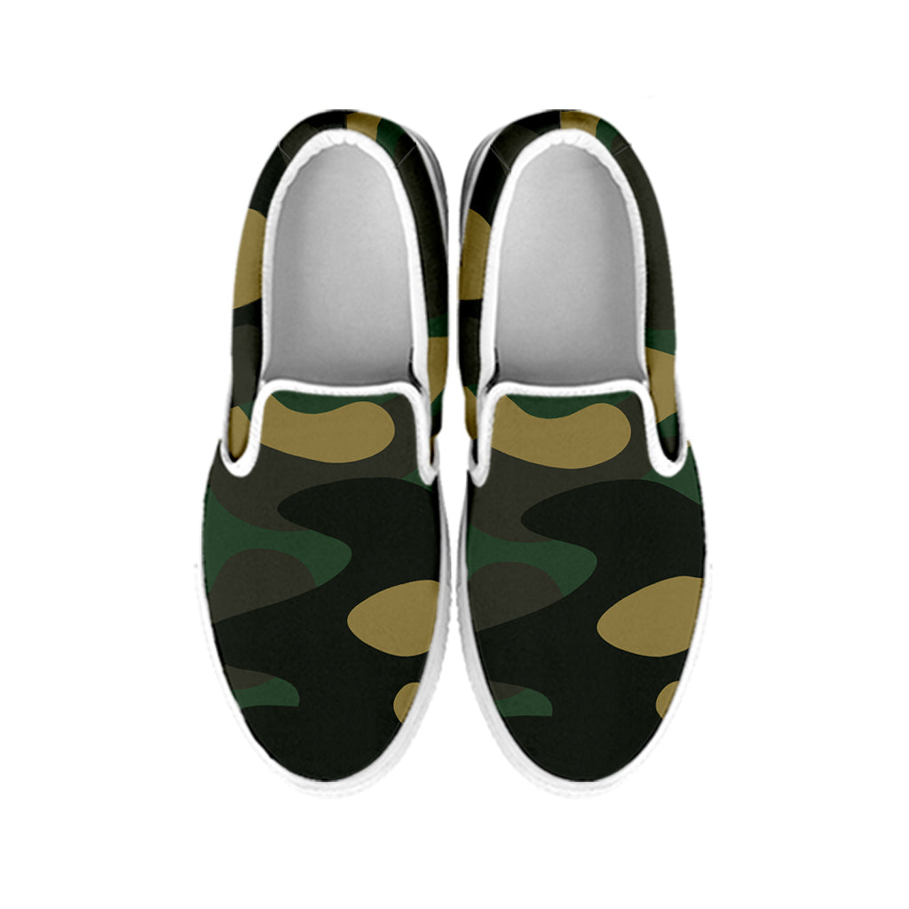 Black And Green Camouflage Print White Slip On Sneakers