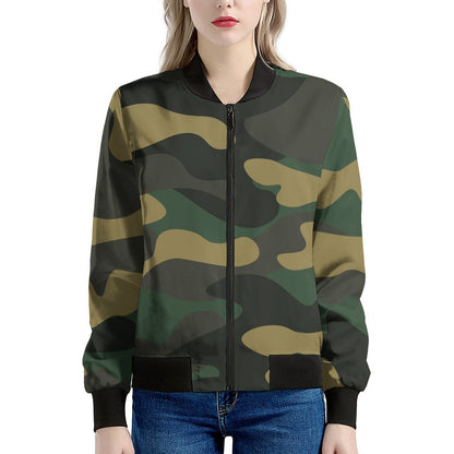 Black And Green Camouflage Print Women's Bomber Jacket