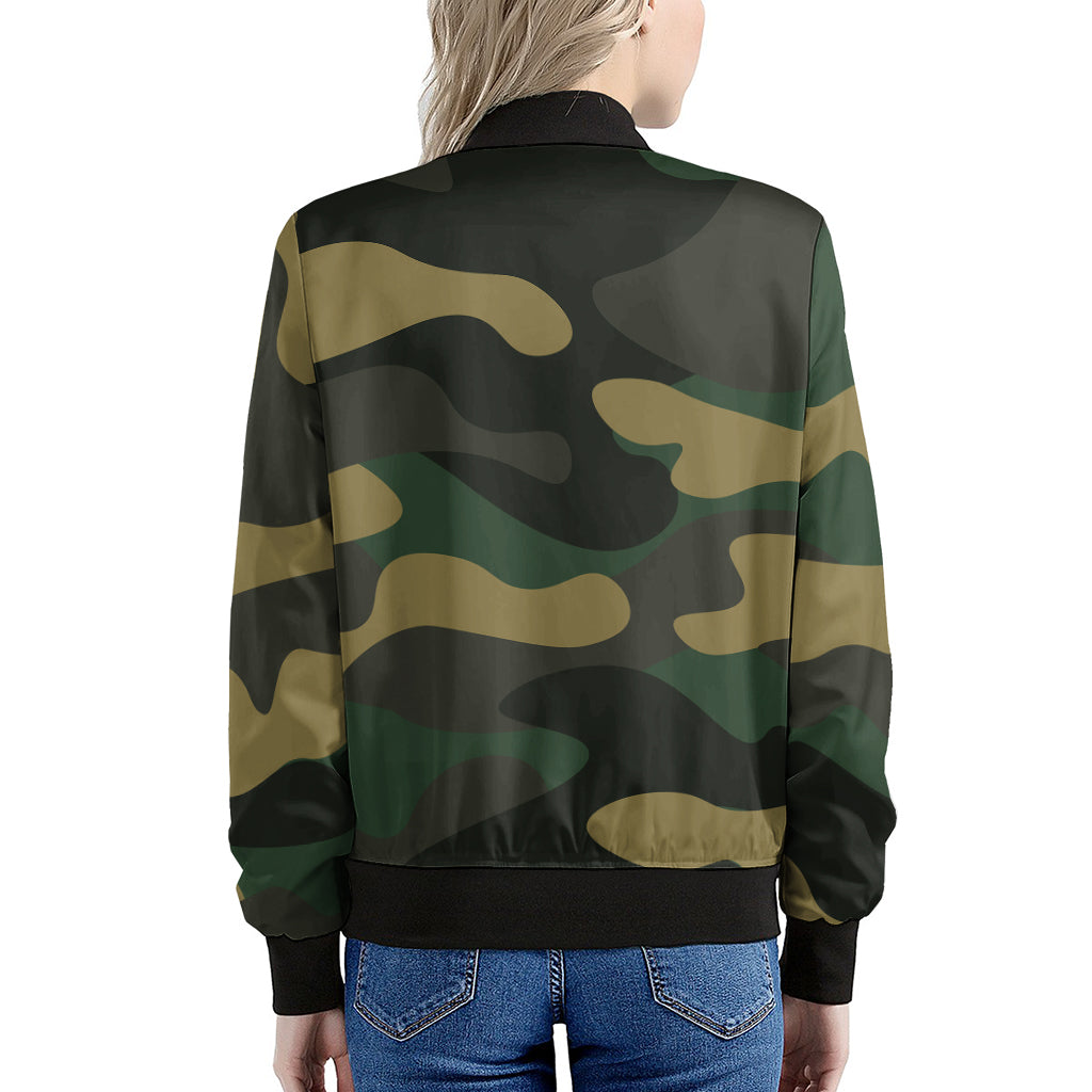 Black And Green Camouflage Print Women's Bomber Jacket