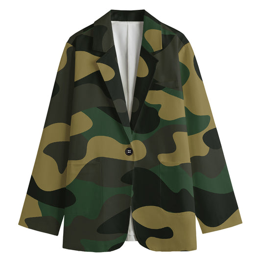 Black And Green Camouflage Print Women's Cotton Blazer