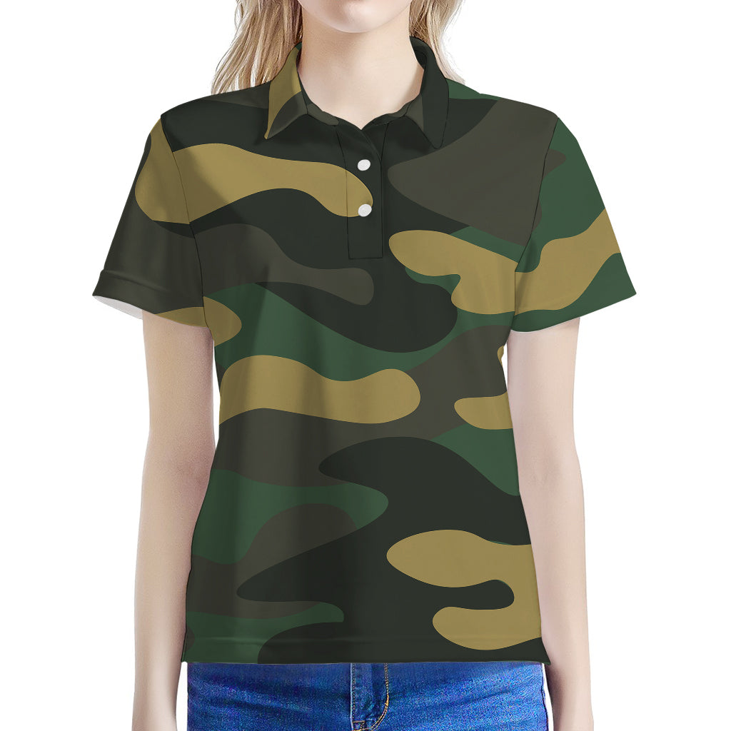 Black And Green Camouflage Print Women's Polo Shirt
