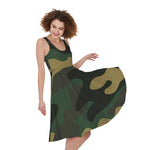 Black And Green Camouflage Print Women's Sleeveless Dress