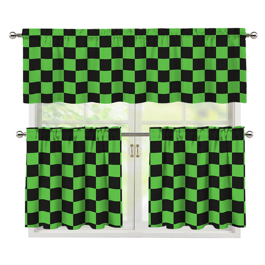 Black And Green Checkered Print 3 Piece Kitchen Curtains