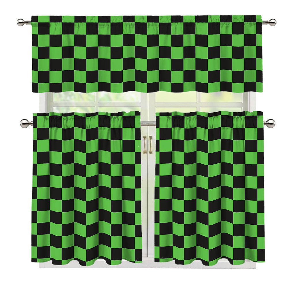 Black And Green Checkered Print 3 Piece Kitchen Curtains