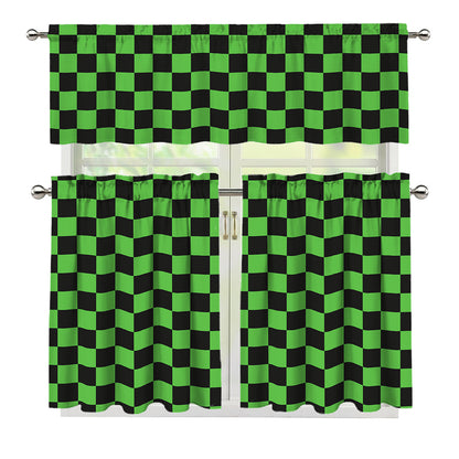 Black And Green Checkered Print 3 Piece Kitchen Curtains