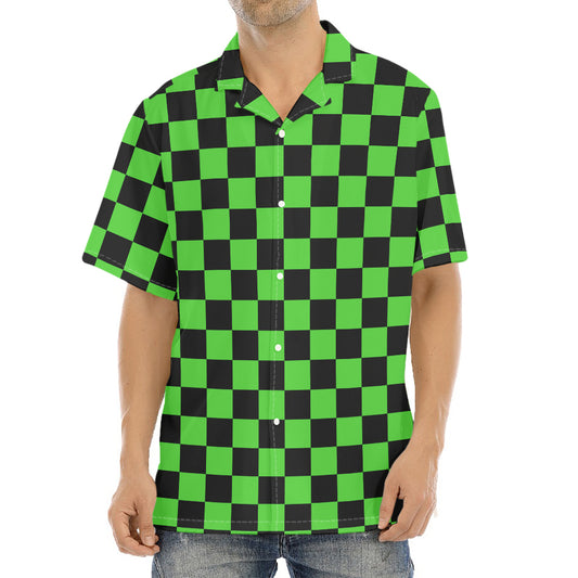 Black And Green Checkered Print Aloha Shirt
