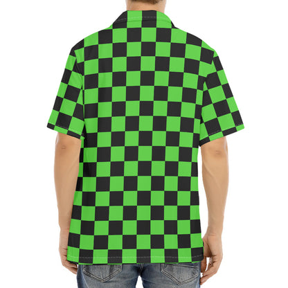Black And Green Checkered Print Aloha Shirt