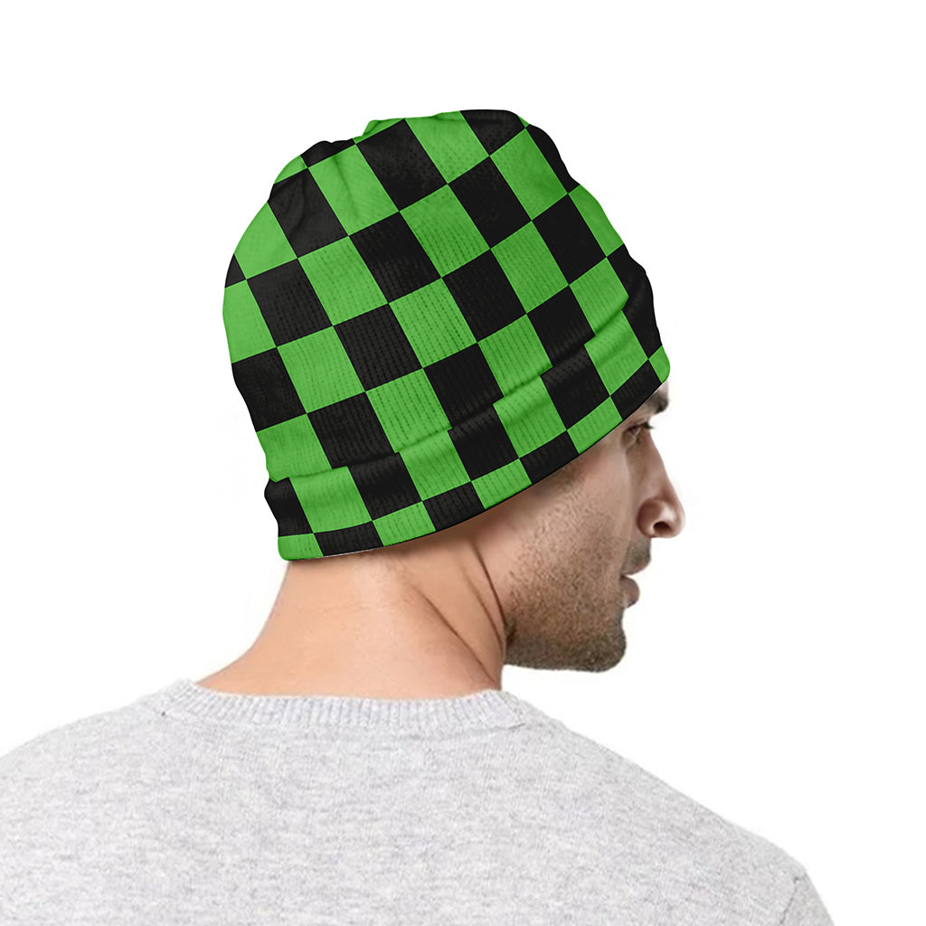 Black And Green Checkered Print Beanie