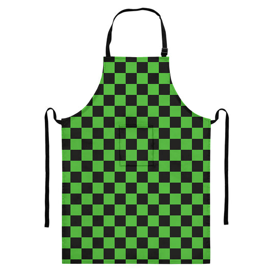 Black And Green Checkered Print Bib Apron With Pocket