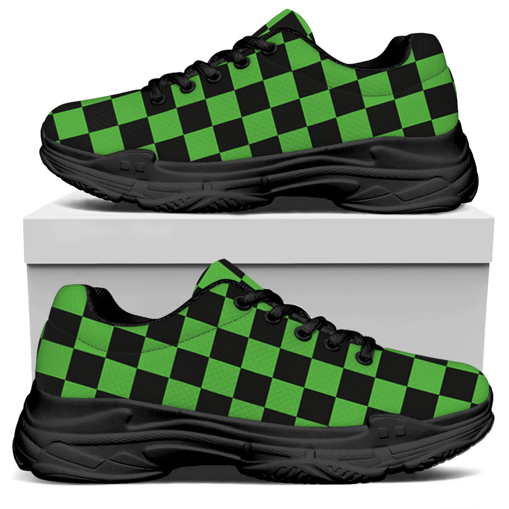Black And Green Checkered Print Black Chunky Shoes