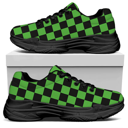 Black And Green Checkered Print Black Chunky Shoes