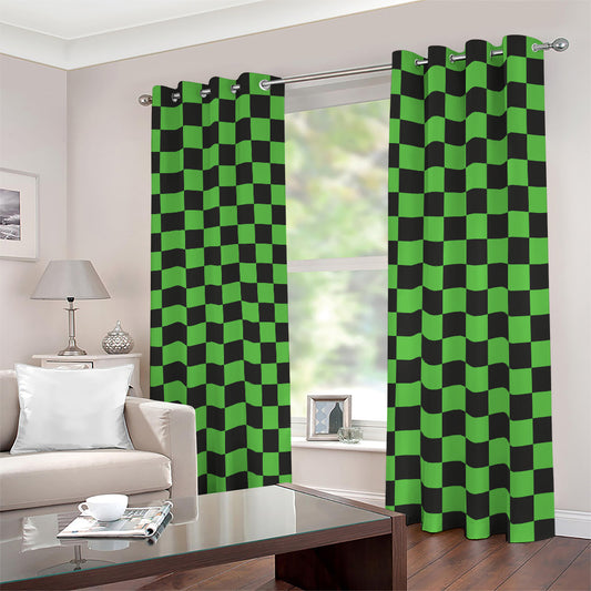 Black And Green Checkered Print Blackout Grommet Curtains