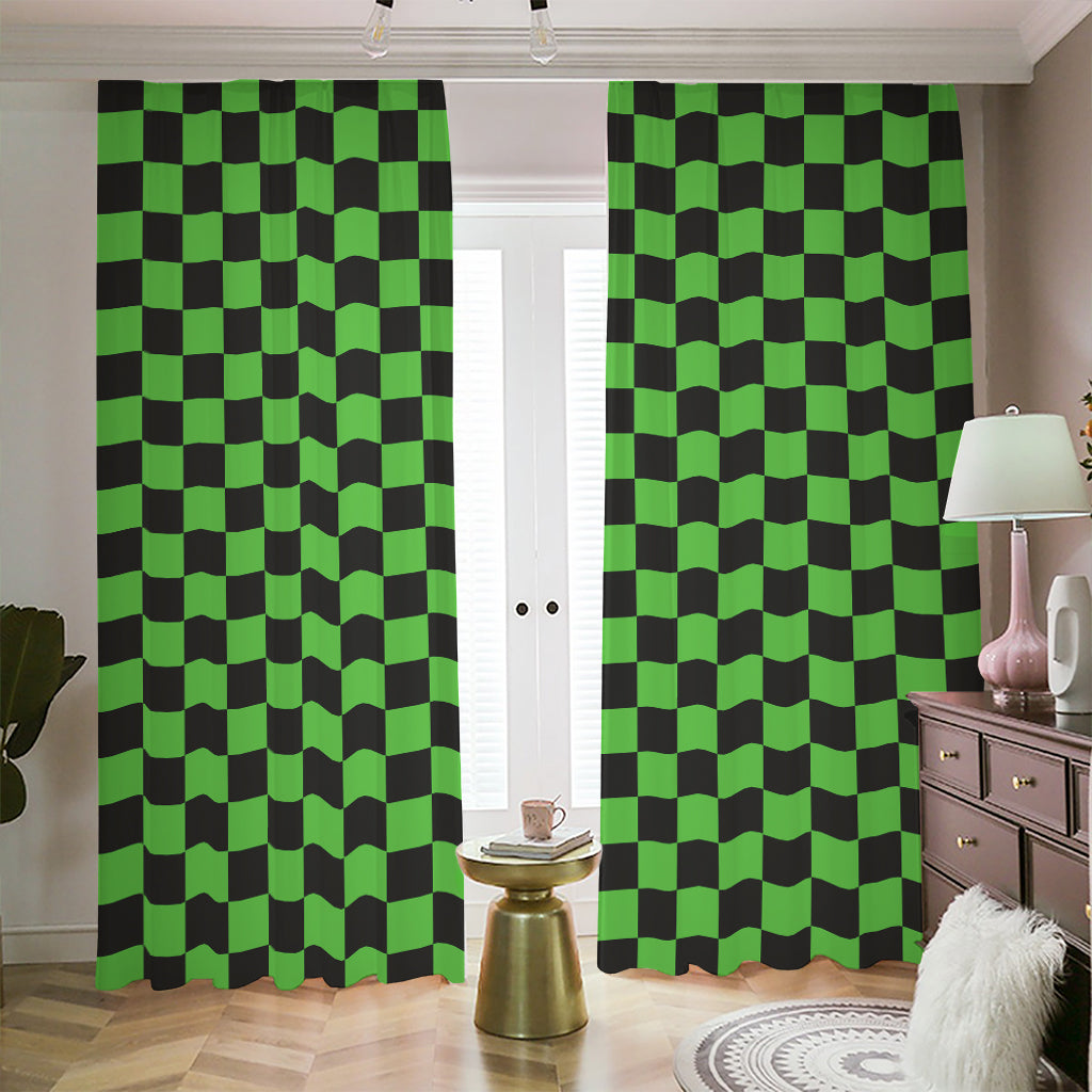 Black And Green Checkered Print Blackout Pencil Pleat Curtains