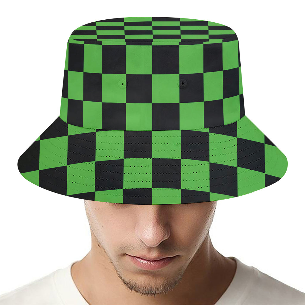Black And Green Checkered Print Bucket Hat