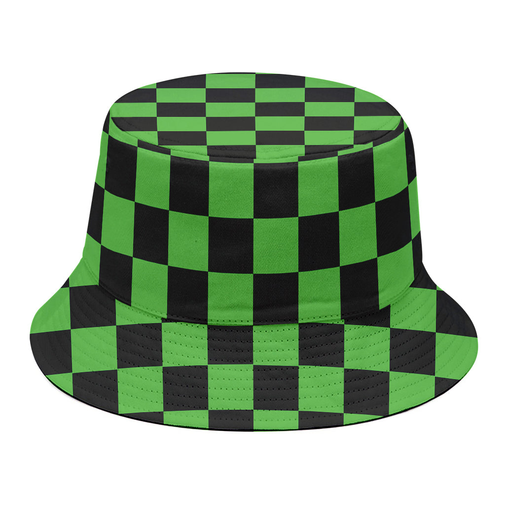 Black And Green Checkered Print Bucket Hat