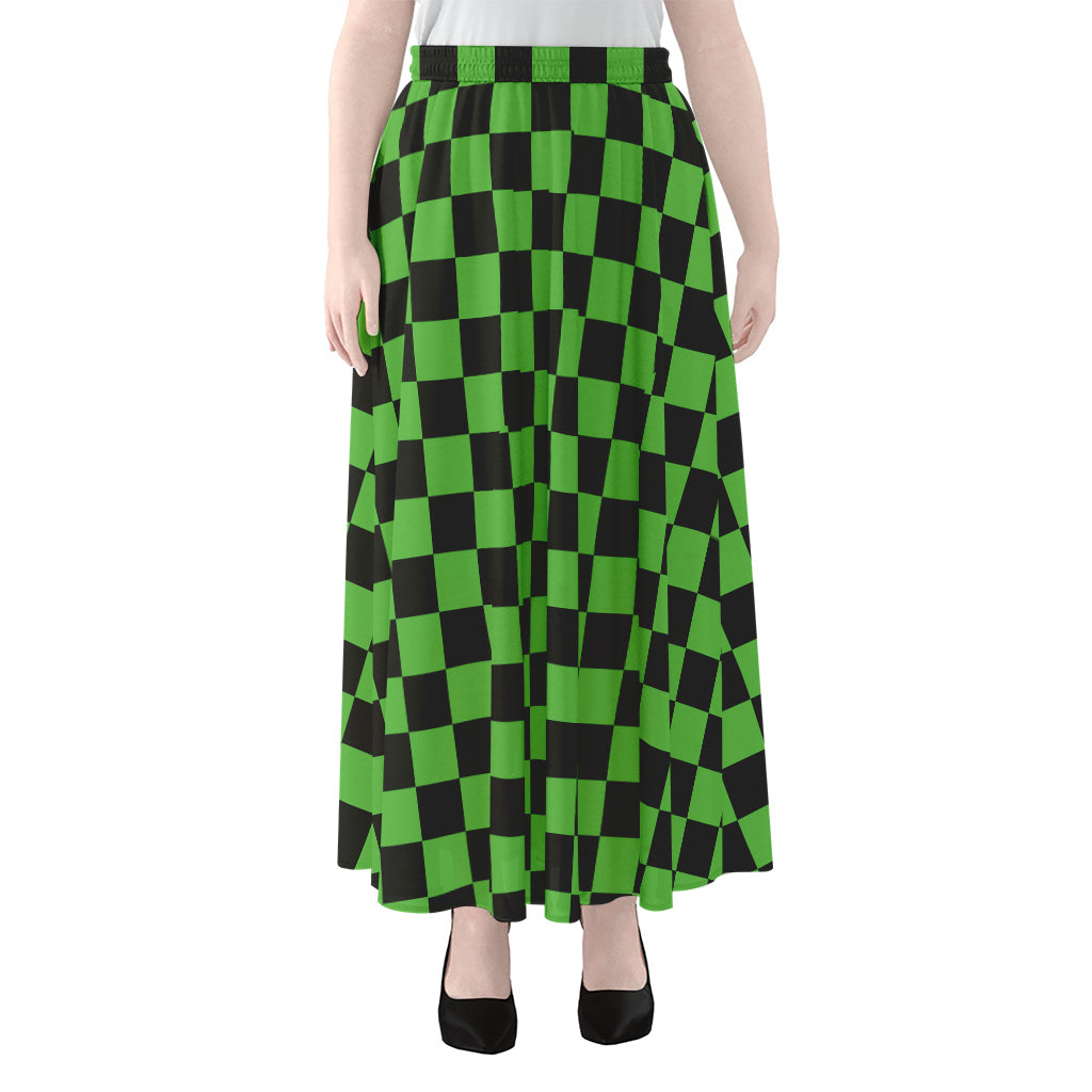 Black And Green Checkered Print Chiffon Maxi Skirt