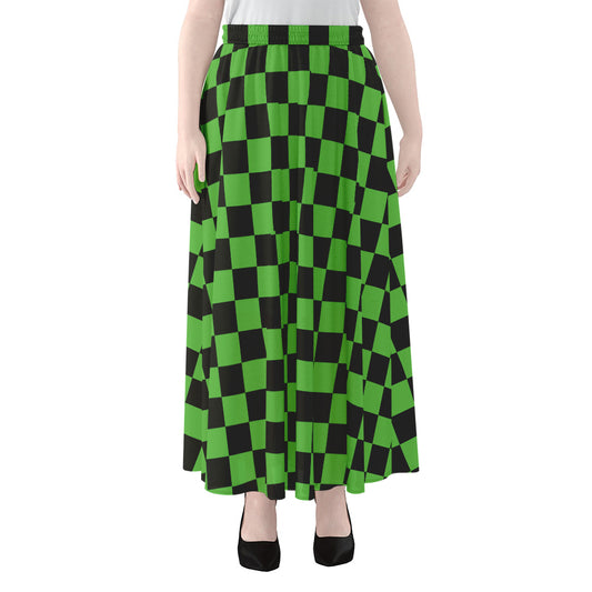Black And Green Checkered Print Chiffon Maxi Skirt