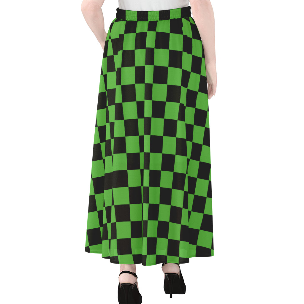 Black And Green Checkered Print Chiffon Maxi Skirt
