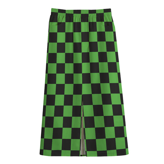 Black And Green Checkered Print Cotton Front Slit Maxi Skirt