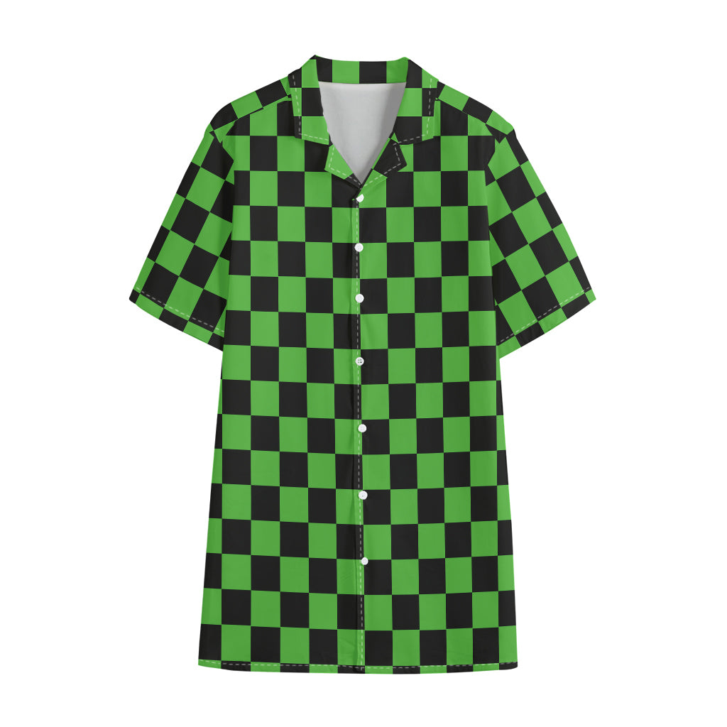 Black And Green Checkered Print Cotton Hawaiian Shirt