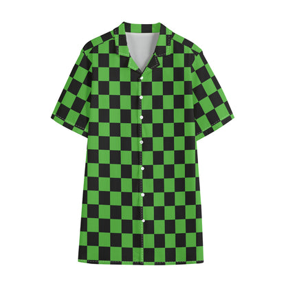 Black And Green Checkered Print Cotton Hawaiian Shirt