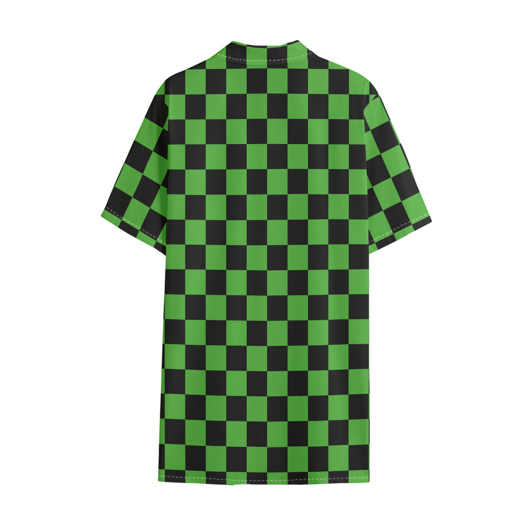 Black And Green Checkered Print Cotton Hawaiian Shirt