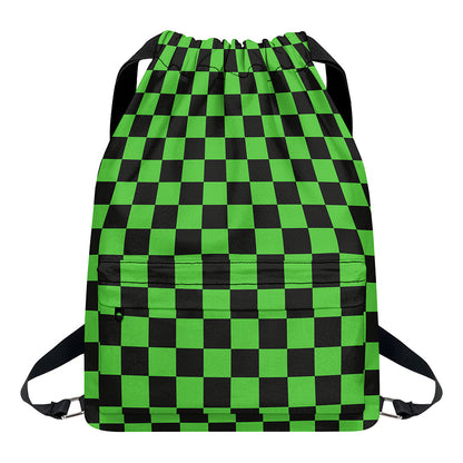 Black And Green Checkered Print Drawstring Backpack