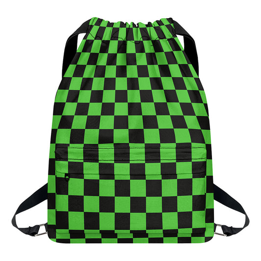 Black And Green Checkered Print Drawstring Backpack