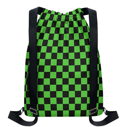 Black And Green Checkered Print Drawstring Backpack